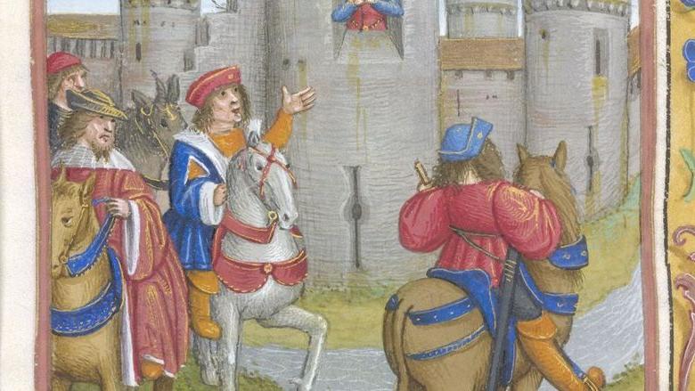 这幅插图描绘了四个骑士骑在马上到达一座城堡, 一个女人出现在塔楼的窗户里, 从Perceforest.